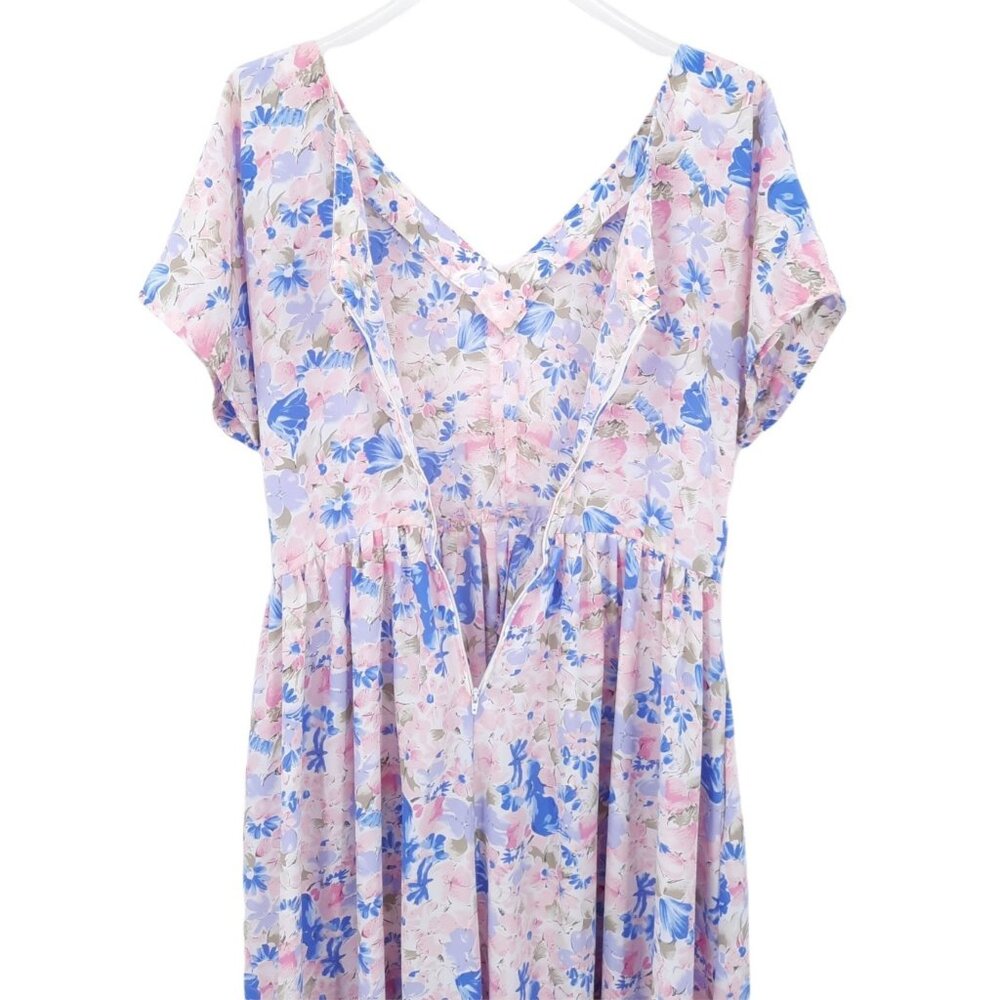 VTG 80s Pink Blue Green White Floral V-Neck V-Back Midi Fit & Flare Dress L - Picture 7 of 8